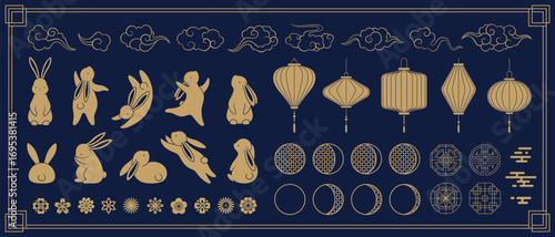 Mid-Autumn Festival Golden Rabbits Lanterns Clouds Vector Set