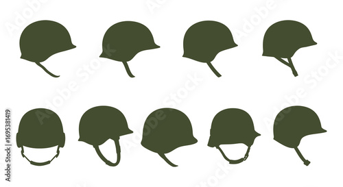 a row of military helmets arranged neatly in two lines