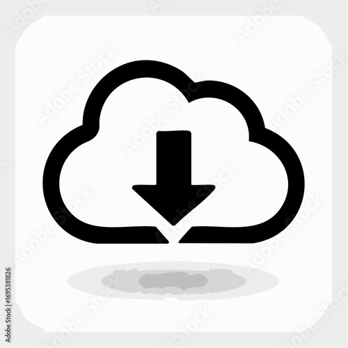 Simple black vector icon of a cloud with a downward arrow, representing data download, cloud computing, and online storage services
