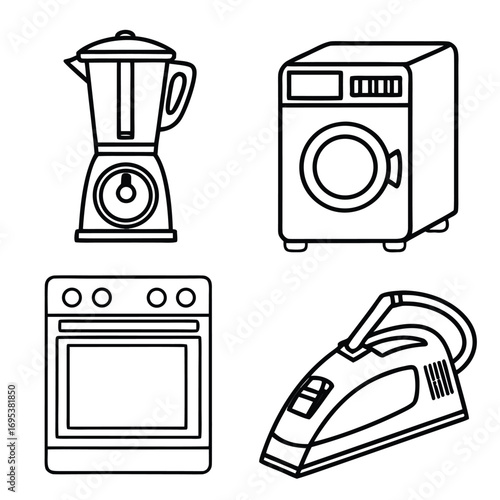 Outline illustration of blender, washing machine, oven, and vacuum cleaner household appliances set together