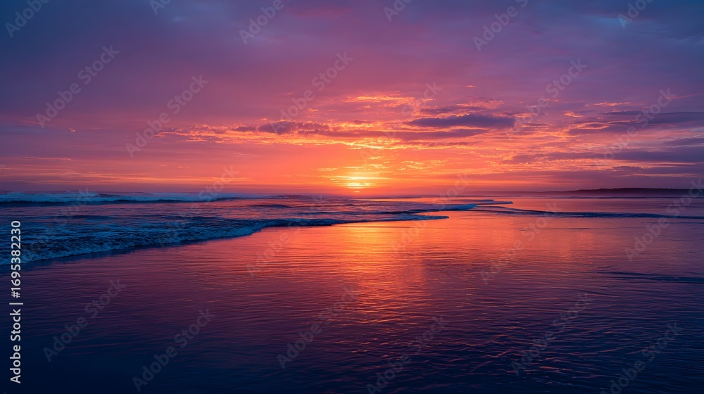 Obraz premium A breathtaking sunset paints the tranquil ocean with vibrant hues of orange, purple, and pink, creating a serene and peaceful ambiance.