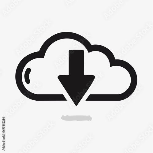 Minimalist black and white cloud download icon. A clean vector graphic symbolizing data transfer, online storage, and digital file saving from a server