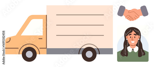 Delivery truck driving forward, handshake symbolizing agreement, woman smiling in frame. Ideal for transportation, logistics, delivery service, partnerships, teamwork, professionalism communication