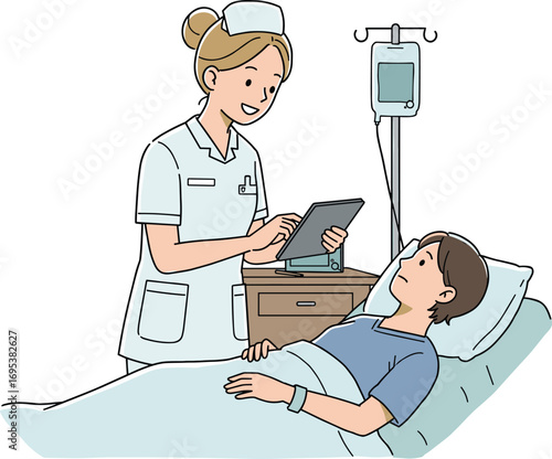 Friendly nurse checking patient information on tablet beside hospital bed in healthcare facility with IV drip and smiling support.