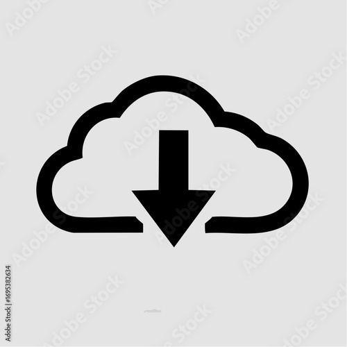 Simple line icon of a cloud with a downward pointing arrow, symbolizing data download, file transfer, and online storage