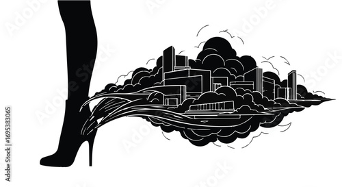 Woman's high heel shoe transforming into a smoky cityscape