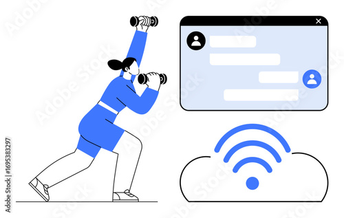 Active woman lifting dumbbells, chat interface with conversations, and wireless cloud icon below. Ideal for fitness, technology, communication, motivation, remote work, virtual events simple landing