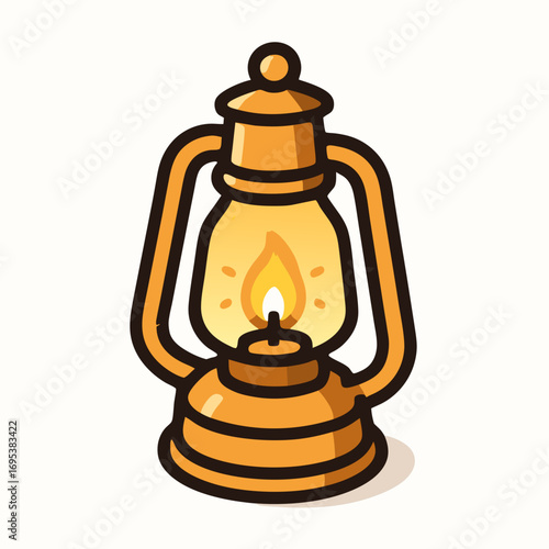 Cartoon flat style illustration of a classic oil lantern glowing with warm light.  
