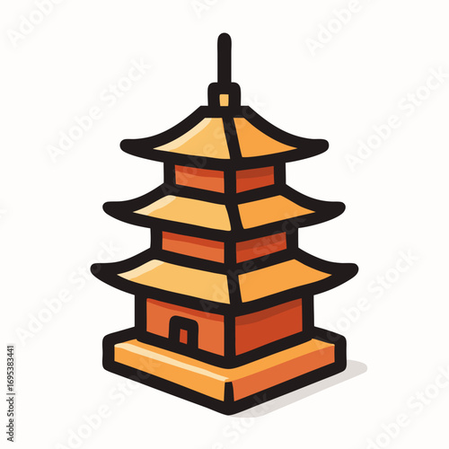 Colorful flat design illustration of traditional pagoda tower with layered roof.  
