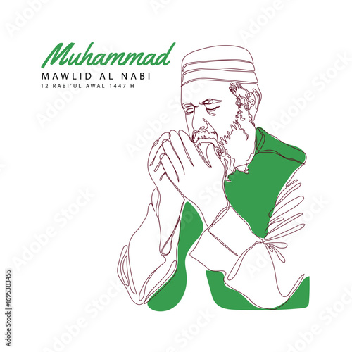 Continuous line art hands drawing for islamic mawlid al-nabi holiday celebration illustration