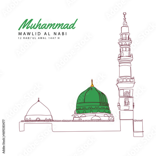 Continuous line art hands drawing for islamic mawlid al-nabi holiday celebration illustration