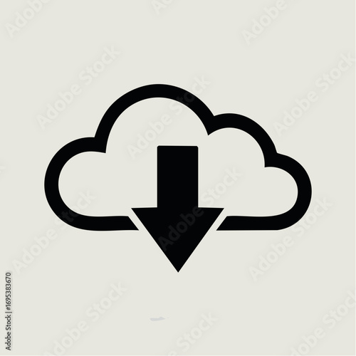 A clean and modern vector illustration of a download symbol, with a cloud and downward arrow representing cloud computing, data storage, and digital file transfer