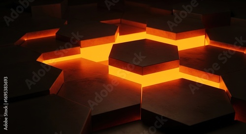 Glowing Hexagonal Abstract Composition with Warm Orange Light an