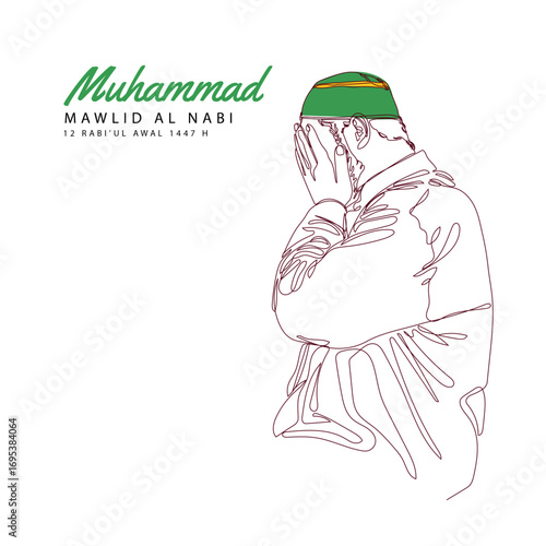 Continuous line art hands drawing for islamic mawlid al-nabi holiday celebration illustration