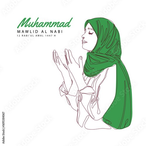 Continuous line art hands drawing for islamic mawlid al-nabi holiday celebration illustration