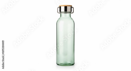 Elegant long green glass water bottle with a wooden lid and a metal handle, standing upright on a white background, capturing the essence of sustainable hydration
