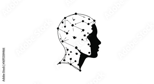 Abstract network of connections within a human head silhouette, representing thoughts and ideas.