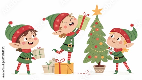 Merry Christmas Festive Elves Decorating a Christmas Tree