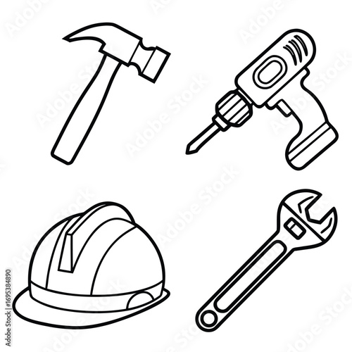 Illustration of construction tools including a hammer drill hard hat and adjustable wrench in black outline
