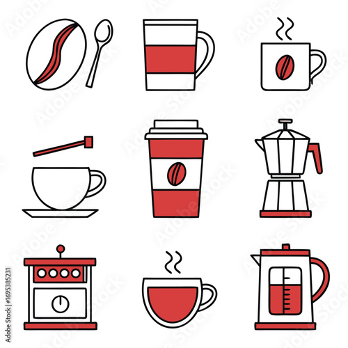 Collection of various coffee related items including cups beans and brewing equipment arranged neatly here
