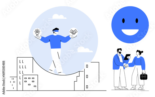Person balancing ideas and teamwork symbols above cityscape, handshake business deal, smiling face. Ideal for leadership, collaboration, innovation, teamwork, decision-making, confidence balance