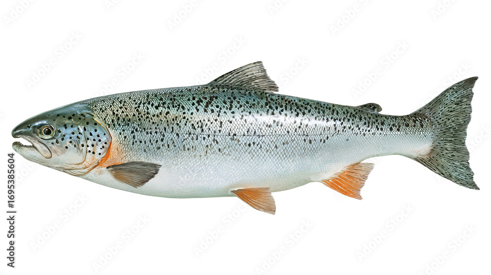 Naklejka premium Full Side View of a Salmon with Realistic Fish Anatomy Details on Transparent Background