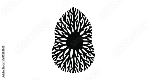 Abstract silhouette of a stylized tree with intricate branches and a dark center, symbolizing growth and nature.