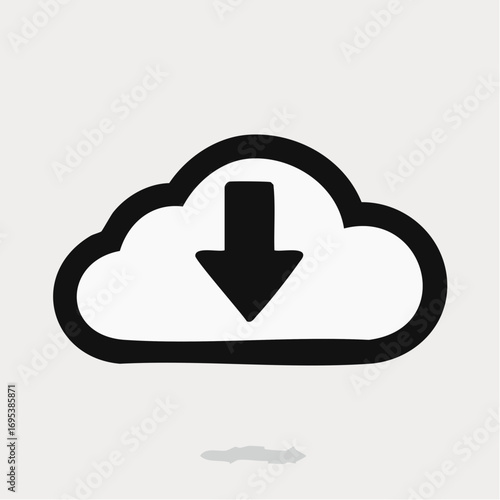 Hand-drawn cloud download icon vector illustration. Minimalist black sketch symbol for data transfer, online storage, and web services on a light background