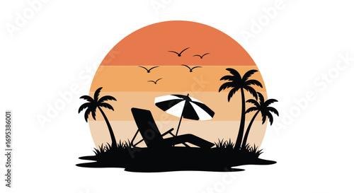sunset beach scene with palm trees umbrella and resting figure