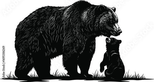Mother bear with cub illustration in black and white, wildlife drawing showing strong family bond, wild animal nature artwork vector