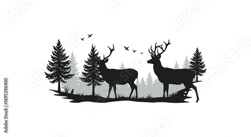 deer silhouettes standing among pine trees with flying birds