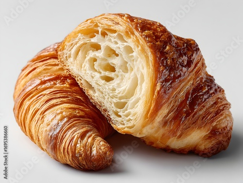 A golden brown croissant is cut in half revealing a flaky interior with delicious air pockets on white background.