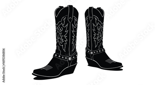 black cowboy boots with intricate white designs and silver accents
