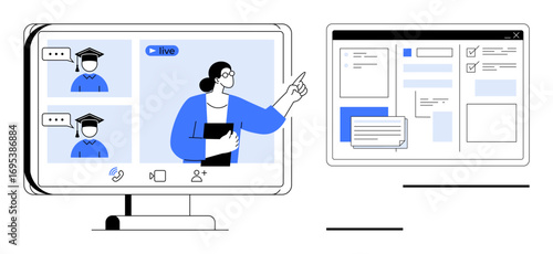 Digital learning scene with a teacher conducting a live online class and students interacting through video chat. Ideal for e-learning, education, remote work, virtual communication, team