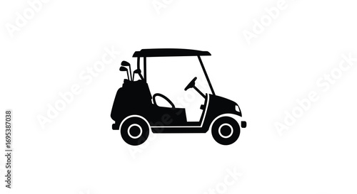 a simple black silhouette of a golf cart with clubs