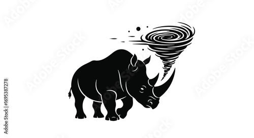 Powerful rhinoceros charging forward with a swirling vortex behind it, symbolizing unstoppable force and determination.