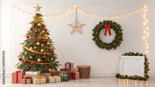 Christmas Room Decor Festive Tree Wreath and Gifts