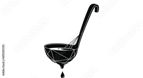 Black ladle with liquid dripping into a geometric bowl against a white background