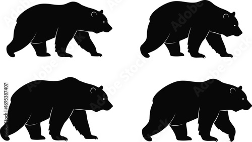 Black bear silhouette set of four walking poses isolated on white background, wild animal illustration, vector design wildlife graphic collection