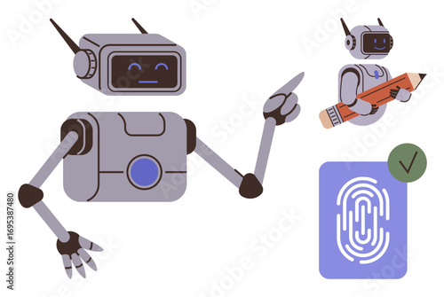 Friendly robot interacting with digital elements, holding a pencil and validating a fingerprint. Ideal for automation, creativity, AI, biometric security, education, technology, futuristic concepts