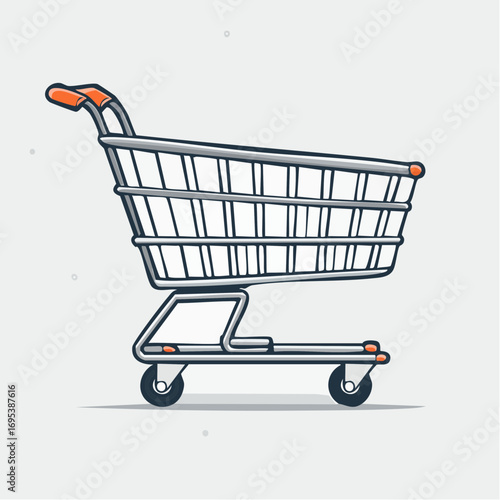 A detailed vector illustration of an empty metal shopping cart, representing concepts of retail, commerce, and consumer purchases
