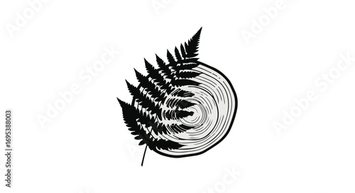 Elegant fern frond emerges from textured tree ring, symbolizing nature's growth and renewal.