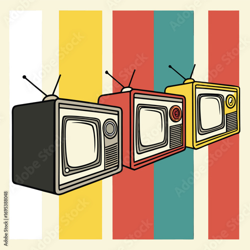Three retro televisions in black red and yellow with vintage striped background design illustration