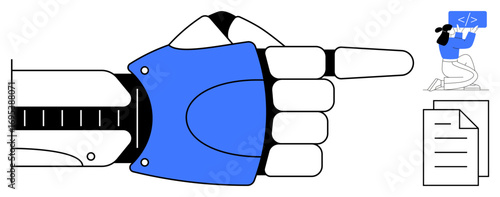 Futuristic robotic hand pointing right at a person coding on a computer with a code symbol, and a document outline below. Ideal for technology, AI, automation, coding, robotics, innovation, simple