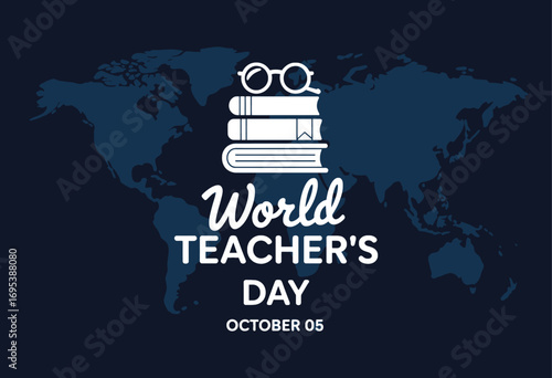 Celebrating world teacher's day with books and glasses over a world map background illustration