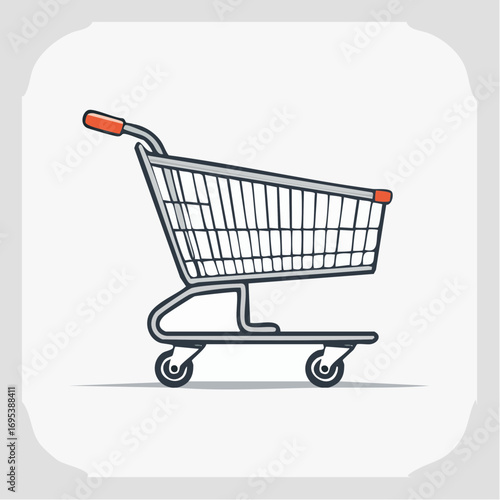Hand-drawn vector illustration of an empty supermarket shopping cart. A clean icon representing retail, online shopping, and consumer purchases