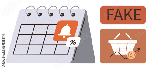 Calendar with bell reminder and discount mark, Fake sale tag, shopping basket with rising cost and coin. Ideal for retail, marketing, scams, fraud, e-commerce ethics, sales patterns simple flat