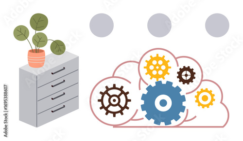 Gears inside a cloud shape, representing cloud computing mechanics, next to a filing cabinet and potted plant. Ideal for technology, data management, innovation, organization, automation, storage