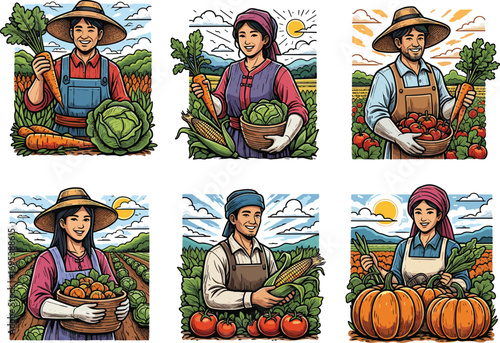 Happy farmers harvesting organic vegetables, fresh produce, sustainable farming, rural agriculture, healthy food, eco-friendly lifestyle, countryside garden harvest scene