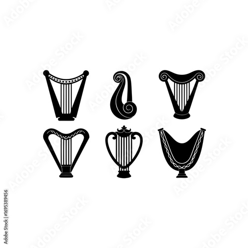 6 different harp ornament silhouette vector icons 